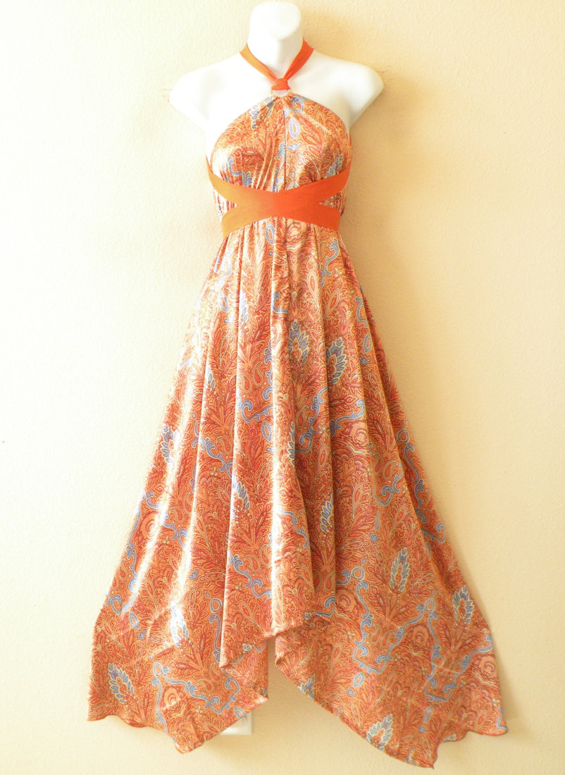 1D94 Orange Versatile Silk Multi Wear Scarf Long Maxi Halter Dress ...