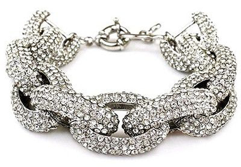 Silver Chunky Pave Link Chain Classic Bracelet J Style With 1,500+ Crystals Rhinestones