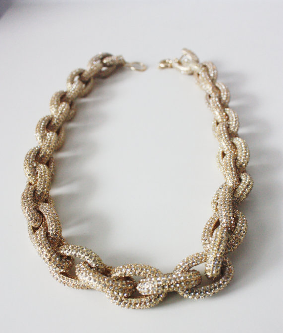 Gold Chunky Classic Pave Link Chain Necklace J Style With 4,500+ Crystals