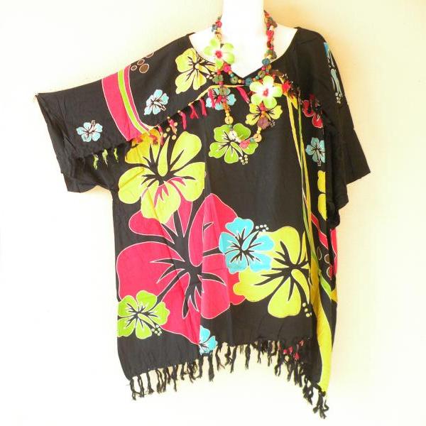 Floral Batik Plus Size Kimono Tunic Kaftan Blouse Top - 5X